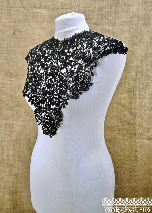 Thumbnail: Large Black Lace Guipure Abstract Neckline Collar Applique for Top, Tunic, Kaftan Mokshatrim Haberdashery Ethnic Exotic