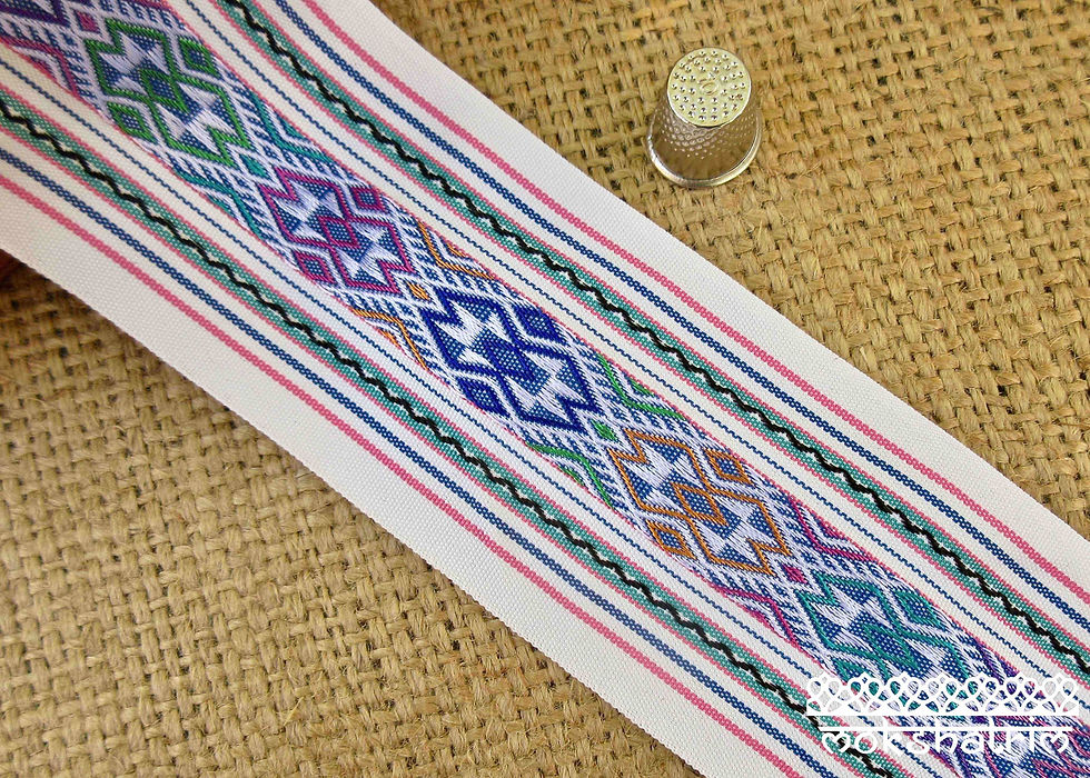 Thumbnail: Wide chinese decorative ribbon tape central embroidered panel tribal ethnic cerise pink teal yellow Mokshatrim Haberdashery