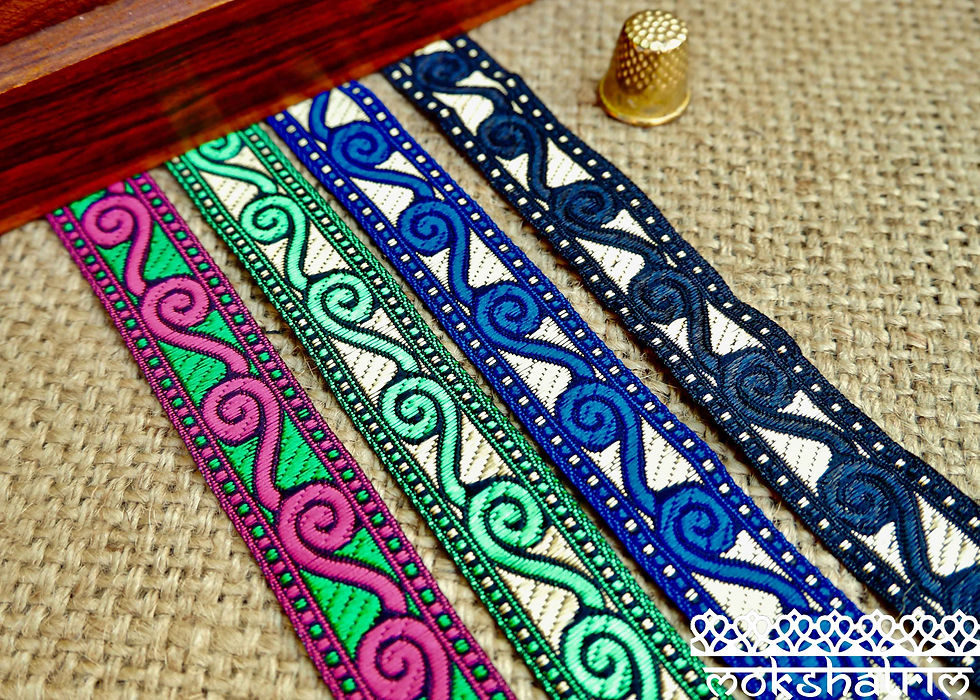 Thumbnail: 20mm black swirl curl metallic gold silver tibetan chinese oriental jacquard ribbon haberdashery trim Mokshatrim