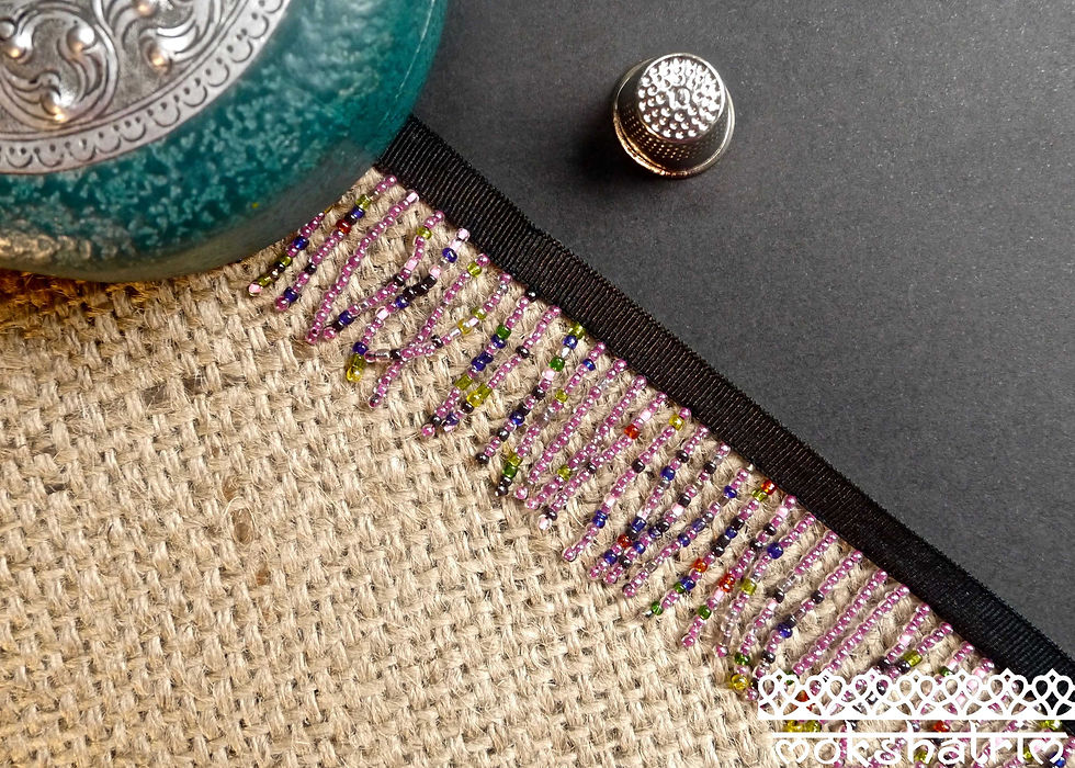 35mm Beaded trim/fringe assortment seed beads transparent coloured core cerise pink red blue yellow Mokshatrim Haberdashery