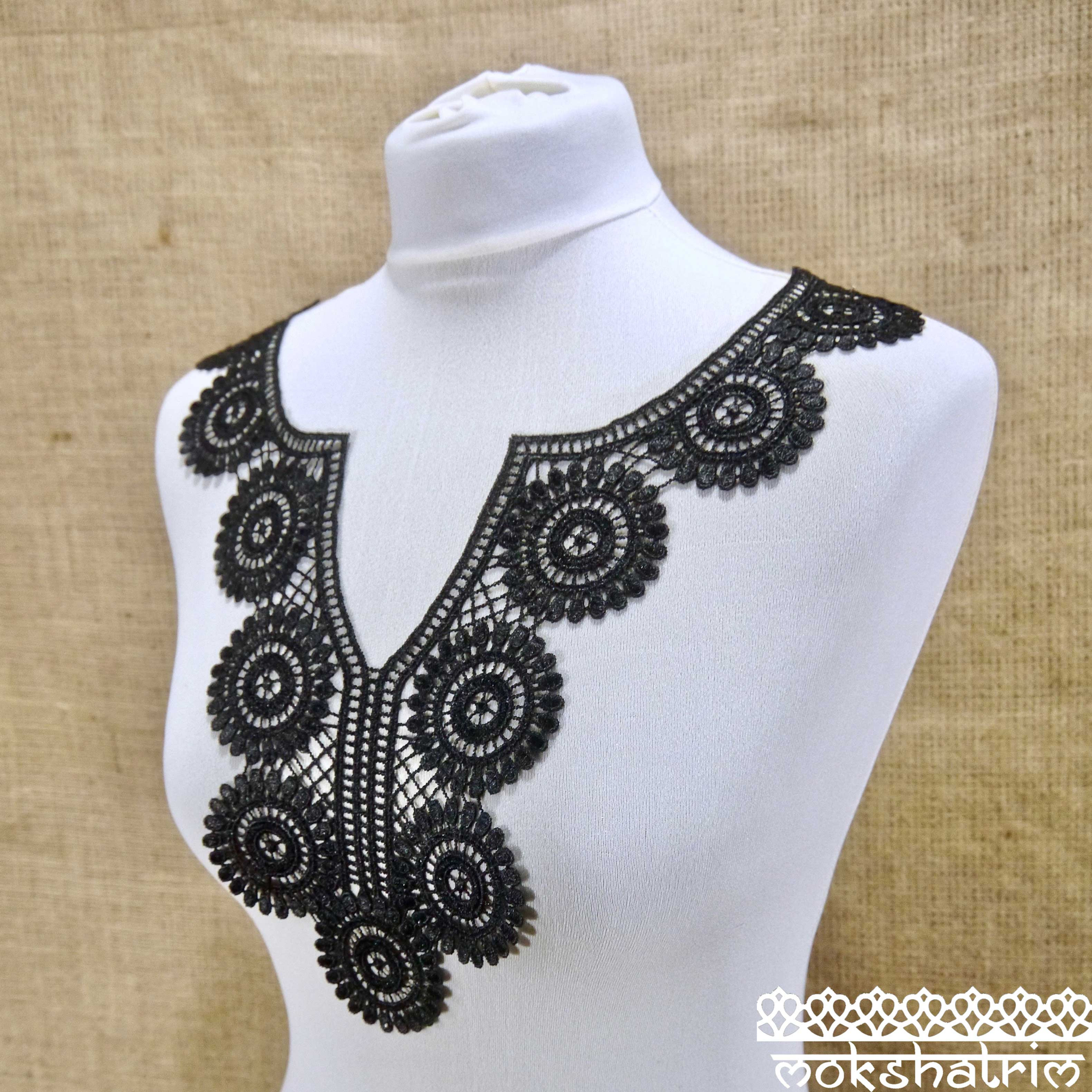 Large White Black Guipure Neckline Collar Applique Geometric Ethnic Boho Style Mokshatrim Haberdashery