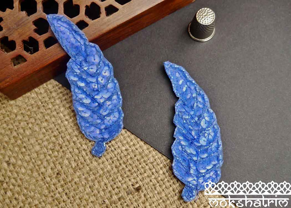 Thumbnail: Blue sequin beaded appliques leaf design metallic facetted sequins maximum sparkle Mokshatrim Haberdashery