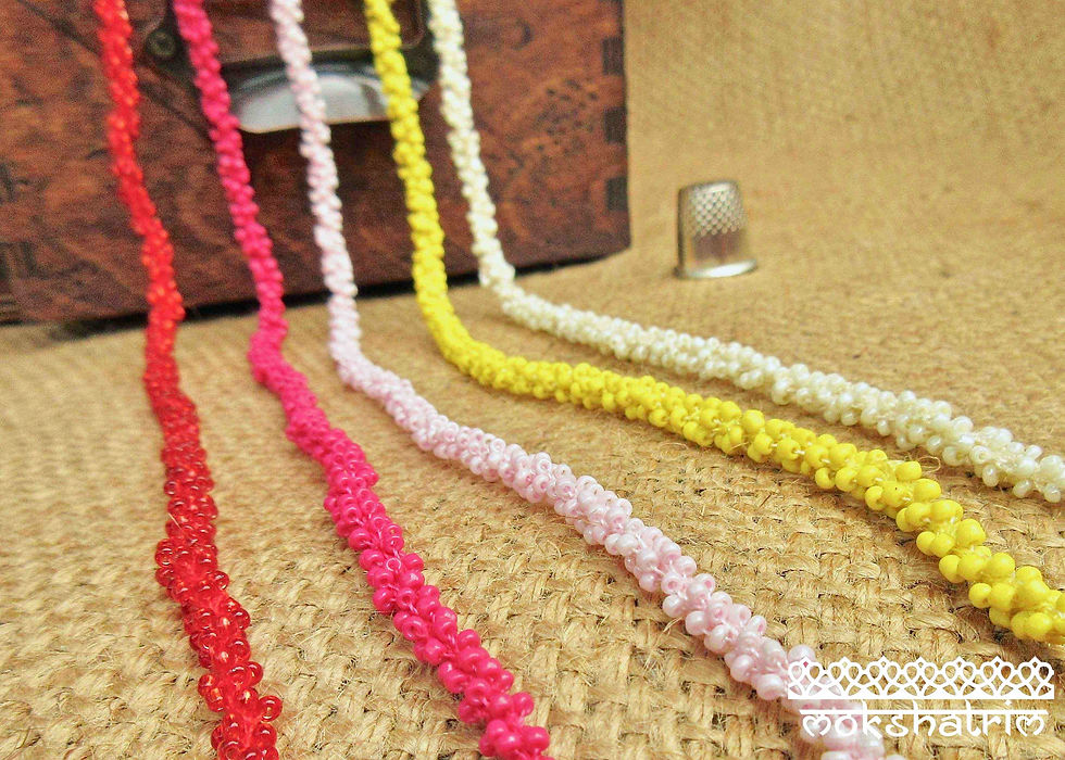 Thumbnail: Seed Beaded Kumihimo Cord transparent pearl red yellow pink Mokshatrim haberdashery ethnic