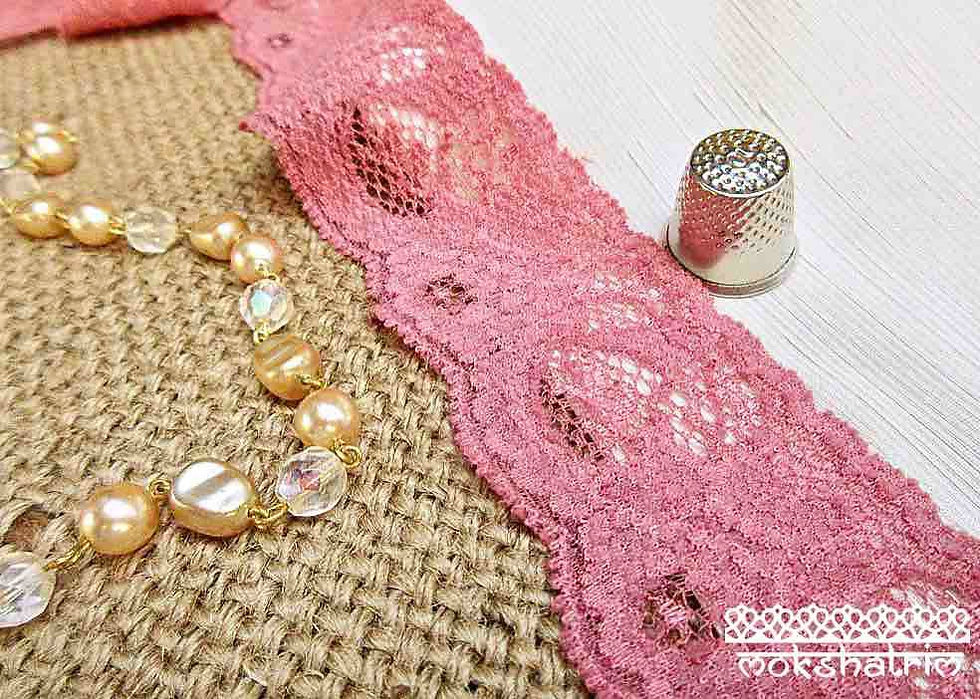 Thumbnail: Extremely soft textured stretch lace edging Magenta Purple Rose Pink Pale Pink Cream Flower leaves Mokshatrim Haberdashery