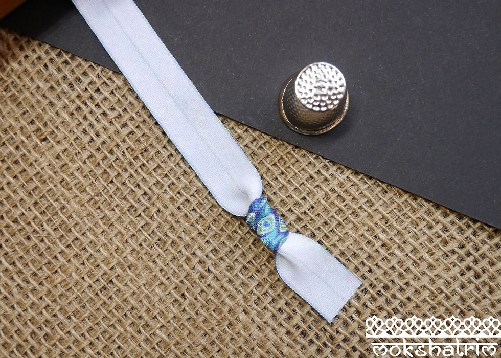 Thumbnail: Peacock Feather Heat Transfer Printed Elastic Spandex Trim Blue Green Bias Binding Mokshatrim Haberdashery