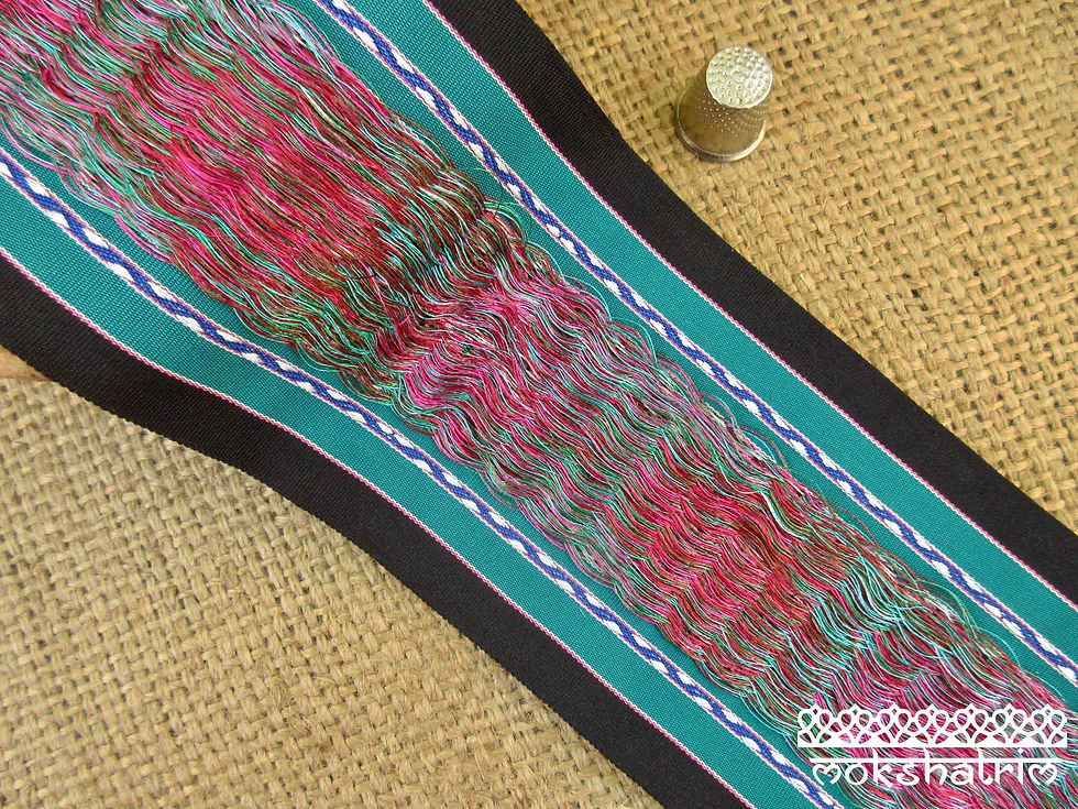 Thumbnail: Wide chinese decorative ribbon tape black green pink central embroidered panel geometric diamond Mokshatrim Haberdashery