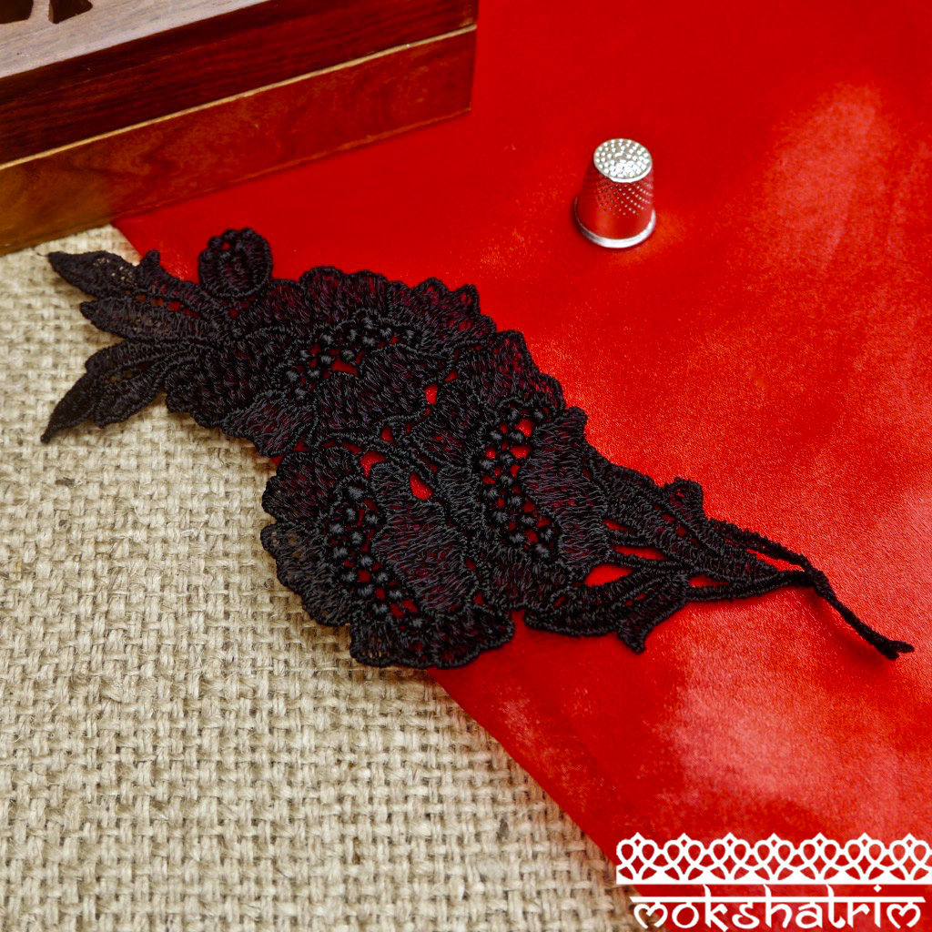 Black Guipure Lace Applique patch bunch of flowers. Different textures petals central stamen Cut out collar upcycling Haberda
