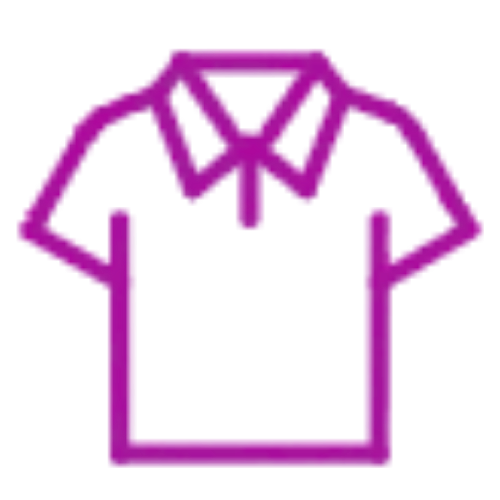 Purple outline of a polo shirt icon on a white background. The shirt features short sleeves and a collar, conveying a simple design.