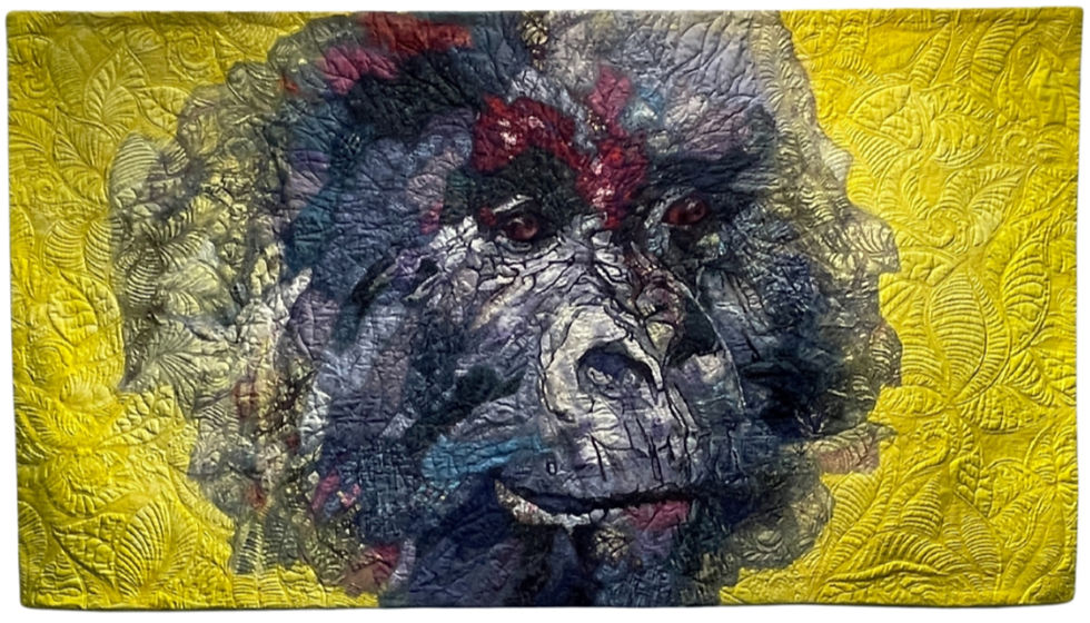 Gorilla face art quilt on vibrant yellow, leaf-patterned background. Multicolored stitching gives texture, enhancing the expressive design.