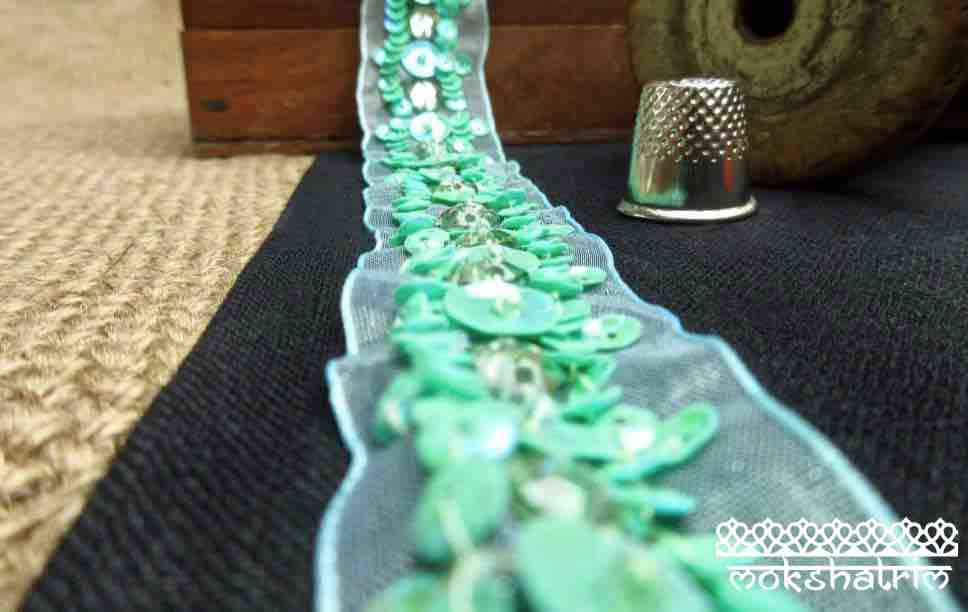 Thumbnail: Sea green Aqua organza Ribbon trim facetted gold/green beads green iridescent sequins ethnic haberdashery mokshatrim