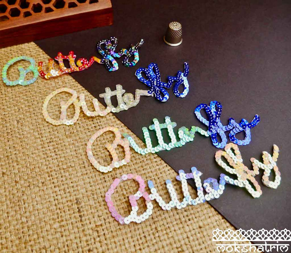Iridescent Sequin Applique patch word "Butterfly" sparkly upcycling costumes millinery Mokshatrim haberdashery
