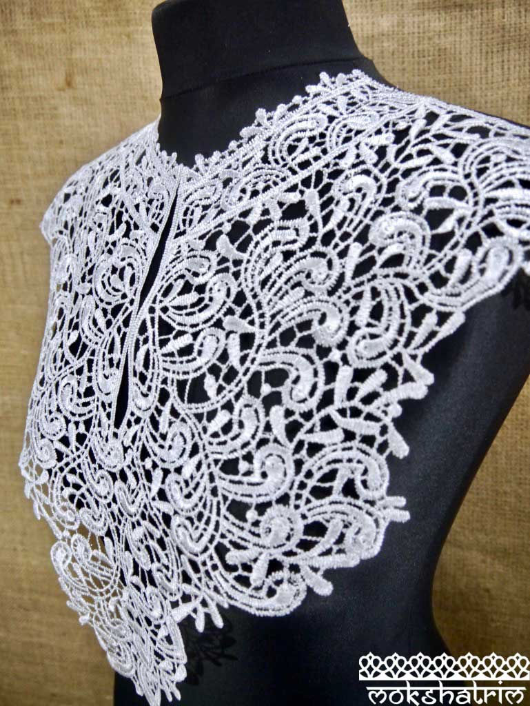 Thumbnail: Large White Lace Guipure Abstract Neckline Collar with Slit Applique for Top, Tunic, Kaftan Mokshatrim Haberdashery Retro