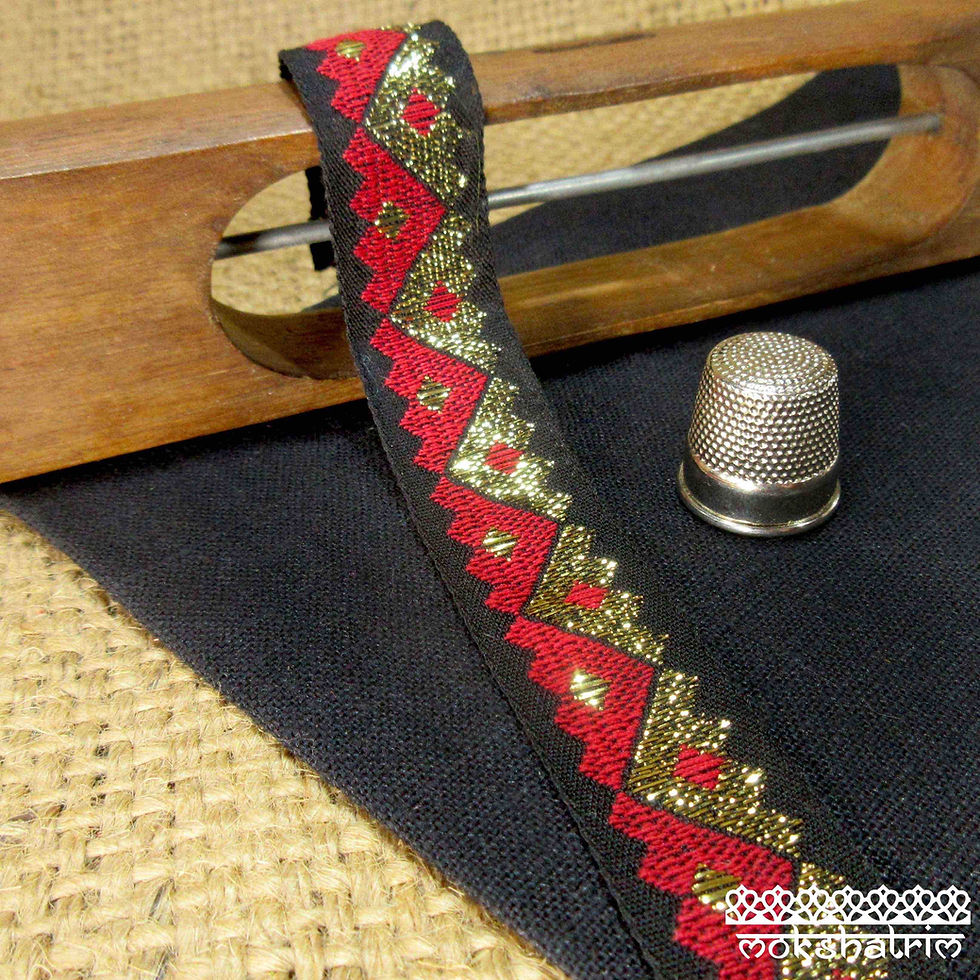 Traditional Jacquard ribbon zig-zag jin-yang bright red gold metallic black Mokshatrim Haberdashery