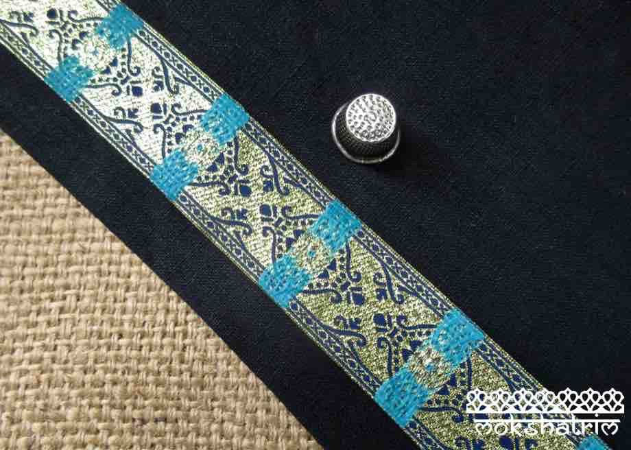 Thumbnail: Decorative Jacquard Ribbon classic baroque gold thread blue/teal flower motif navy blue Mokshatrim Haberdashery