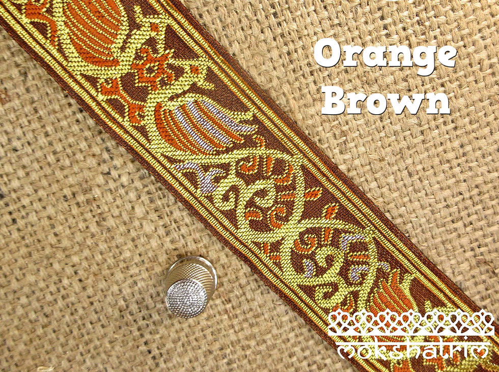 Thumbnail: Asian/Indian ethnic decorative jacquard ribbon full sari trim. Bird foliage Orange Brown Mokshatrim Haberdashery