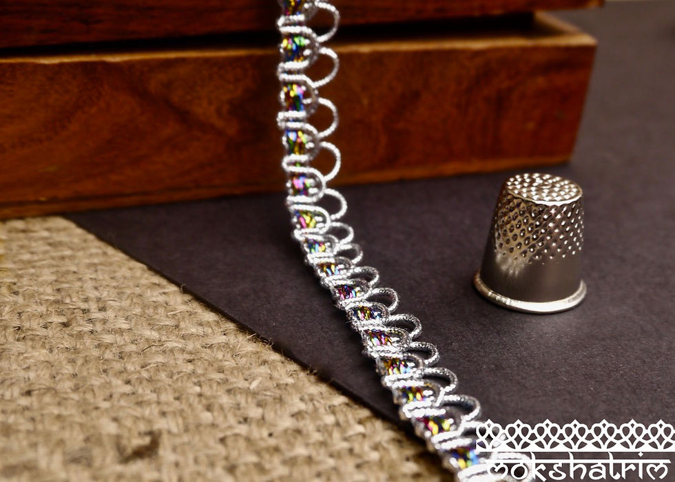 Thumbnail: Decorative Indian braid trim two designs silver metallic coloured lurex cords threaded multicolour rainbow Christmas trim