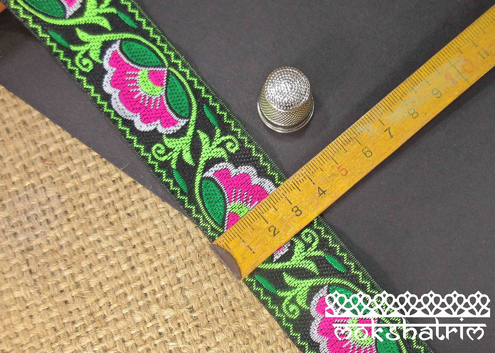 Thumbnail: Chinese Oriental decorative jacquard ribbon flower floral water lily foliage cerise pink fluorescent lime green haberdashery