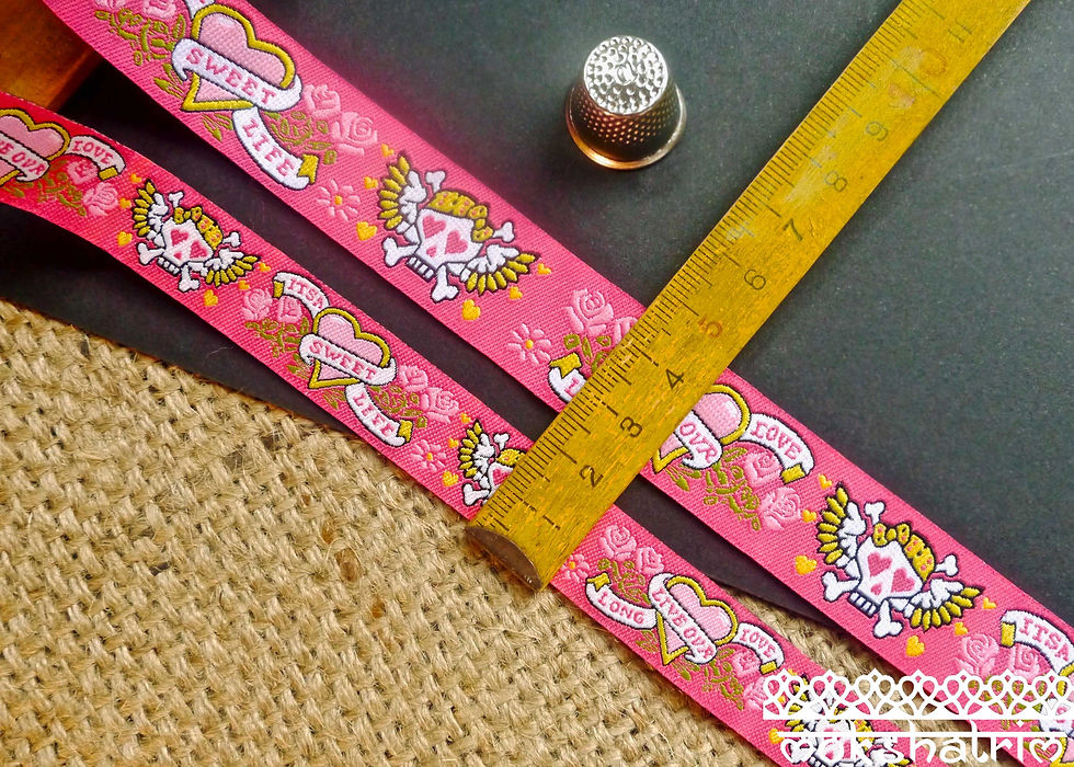 Thumbnail: Pink jacquard art ribbon Skull hearts roses Tattoo "It's a sweet life" "Long Live our Love" Mokshatrim haberdashery
