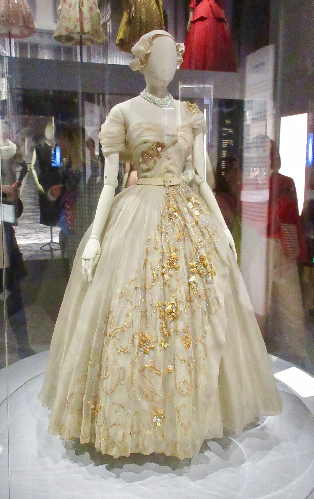 Princess Margaret's bespoke Dior dress for her 21st birthday made from silk organza adorned with straw, mother of pearl and sequins