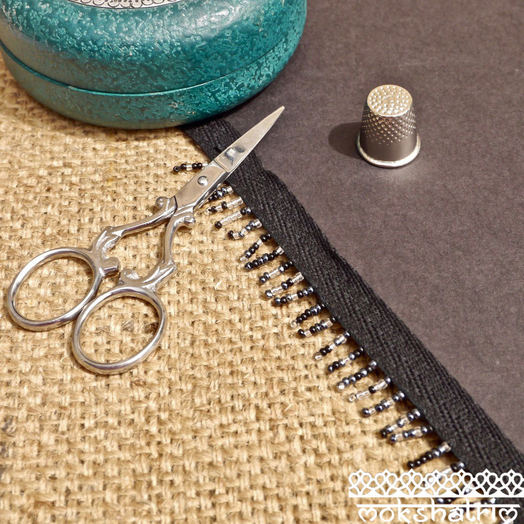 Beaded trim fringe silvery clear glass metallic petrol gunmetal black seed beads cotton tape Mokshatrim haberdashery ethnic