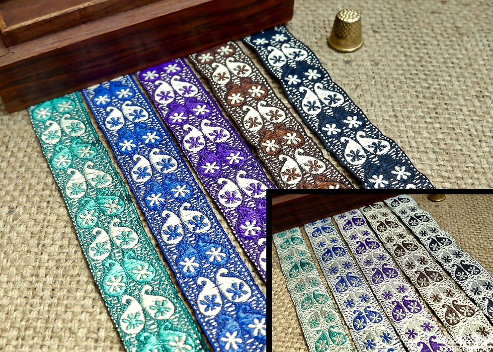 Thumbnail: Ethnic Asian Indian jacquard ribbon colourful pattern paisleys slight sheen Mokshatrim Haberdashery
