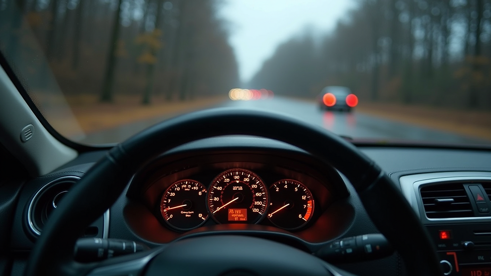 Eye-level view of a car dashboard showing speedometer and steering wheel