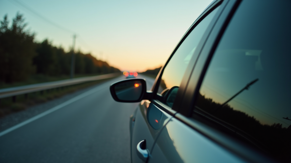 Close-up view of a car's side mirror reflecting traffic