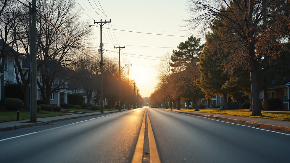 Wide angle view of a quiet suburban street with clear road markings
