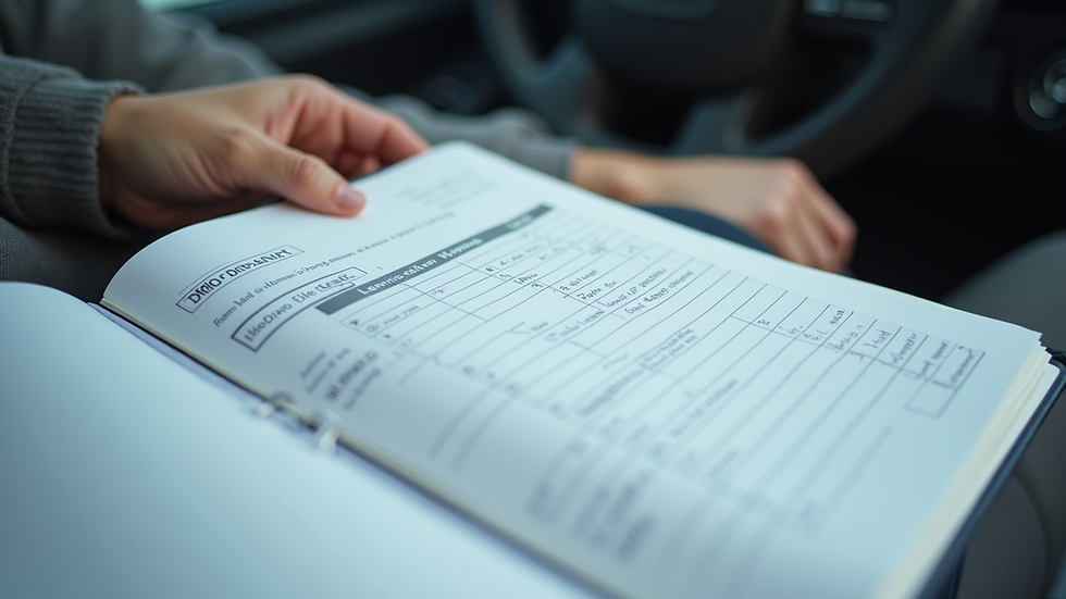 Close-up view of a learner driver’s logbook with hours and notes