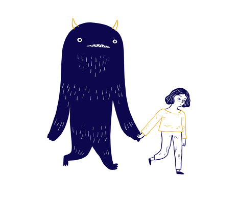 A blue monster with yellow horns holds hands with a sad girl in white and yellow clothes. Simple white background. Minimalist art style.
