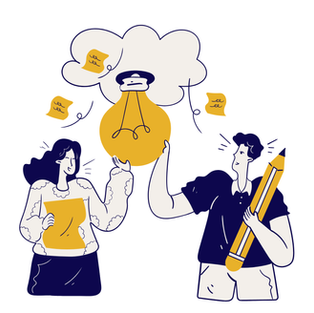 Two people, one holding a large pencil and the other a document, admire a bright idea symbolized by a yellow light bulb.