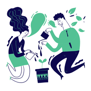 Two people watering a potted plant with green leaves, illustrated in green and navy. The scene conveys growth and collaboration.