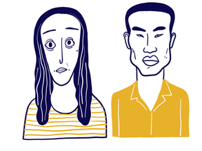 Illustration of two people. Left: long-haired with a striped yellow top, surprised expression. Right: short-haired with a yellow shirt, neutral face.