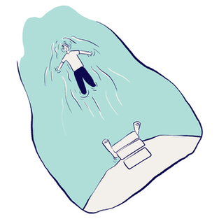 A person in a white shirt and dark pants floats peacefully in a light blue pool. Ladder visible on the side. Calm and serene mood.