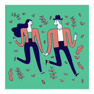 Illustration of a smiling couple holding hands and jumping on a green background with pink leaves. Both wear orange tops. Playful mood.