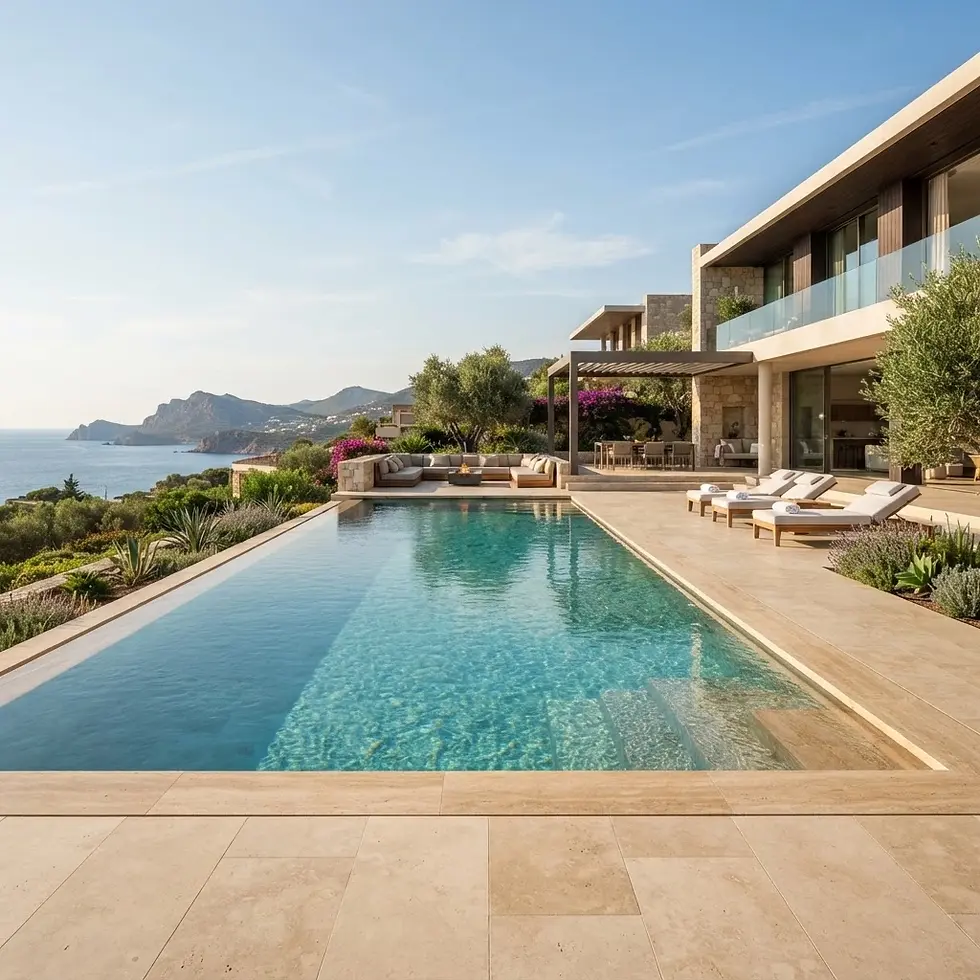 Packshot photography of a luxurious modern villa with an infinity pool. The property overlooks a serene ocean and lush, hilly landscape on a sunny day.