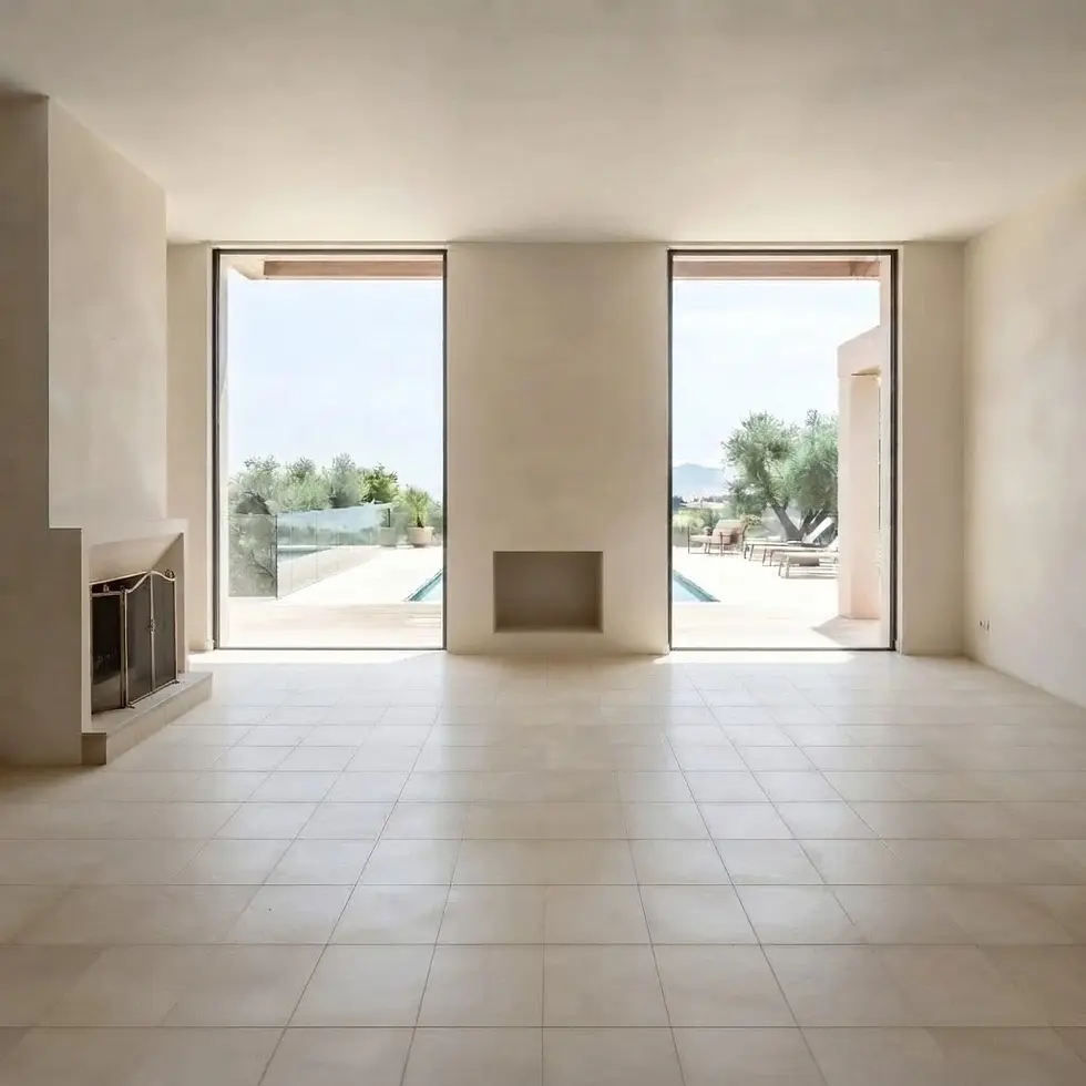 Architectural photography of a spacious, empty modern room with large glass doors opening to a sunny pool terrace. The neutral interior is bathed in natural light.