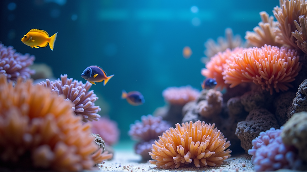 Close-up view of a saltwater aquarium with vibrant coral and fish
