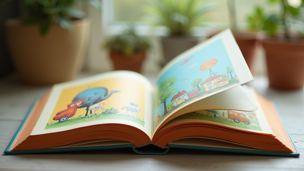 Eye-level view of a colorful children's book with illustrations