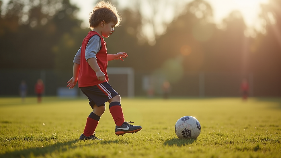 Close-up view of a child kicking a soccer ball