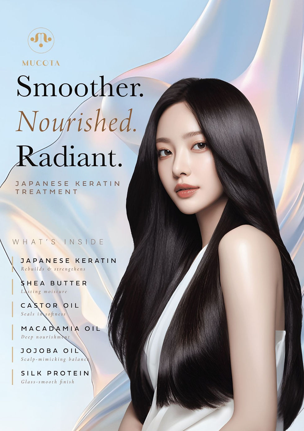 Promotional image highlighting the benefits of smooth, nourished, and radiant hair, featuring a model with glossy hair.