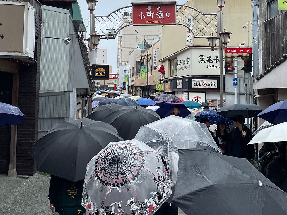雨の日の鎌倉・小町通りで雨傘をさして歩く人々。