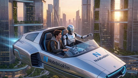 An intricately designed futuristic two-seater spacecraft, featuring a young teenager and a sleek robot sitting side by side. The robot, elegantly built, displays the Notebooklm logo, and offers guidance with a gentle, guiding gesture. The spacecraft, with its sharp angles and smooth surfaces, proudly features the Notebooklm logo on its exterior. It glides gracefully through a futuristic cityscape, with towering skyscrapers outlined against a serene sky, and lush greenery providing a vibrant contrast. The atmosphere is calm and enchanting, capturing a fusion of cutting-edge technology with natural beauty, all in square format ideal for Instagram. Light and shadow play delicately across the scene, enhancing the depth and conveying an atmosphere of wonder and tranquility.