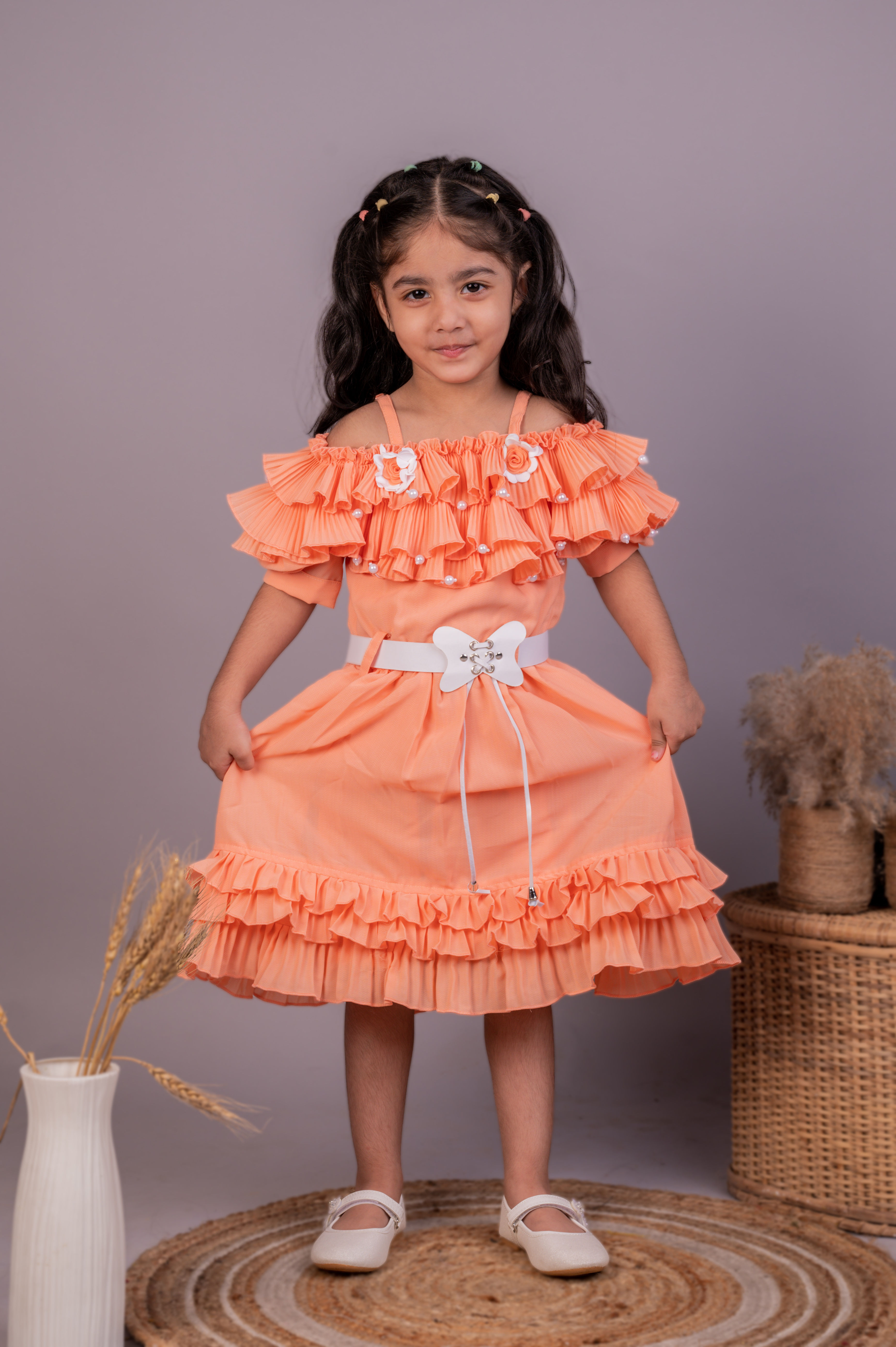 Orange Ruffle Neck Frock with Belt