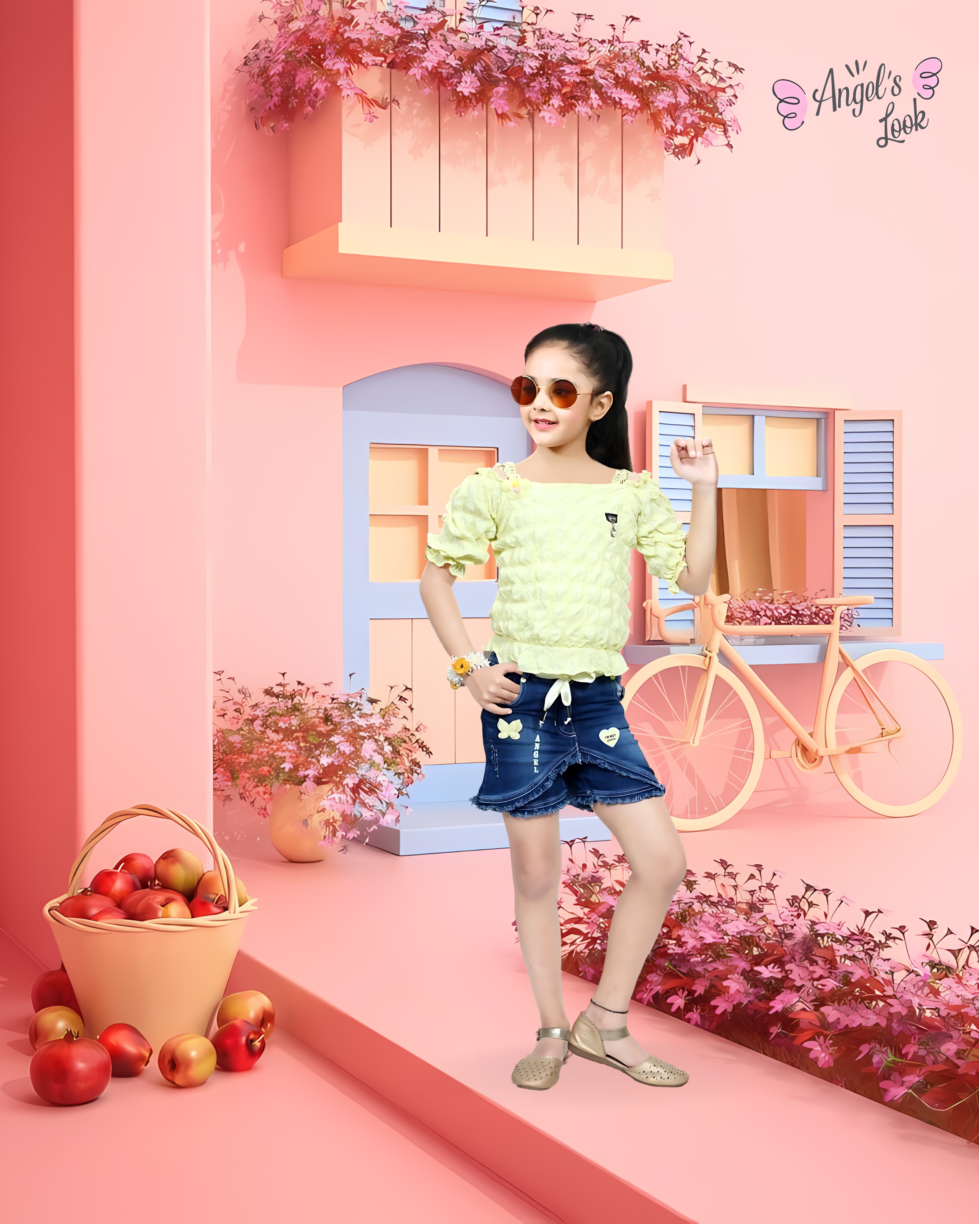 Yellow Bubbles Top With Denim Shorts