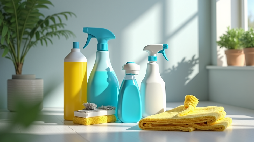 Close-up view of cleaning equipment and supplies ready for deep cleaning