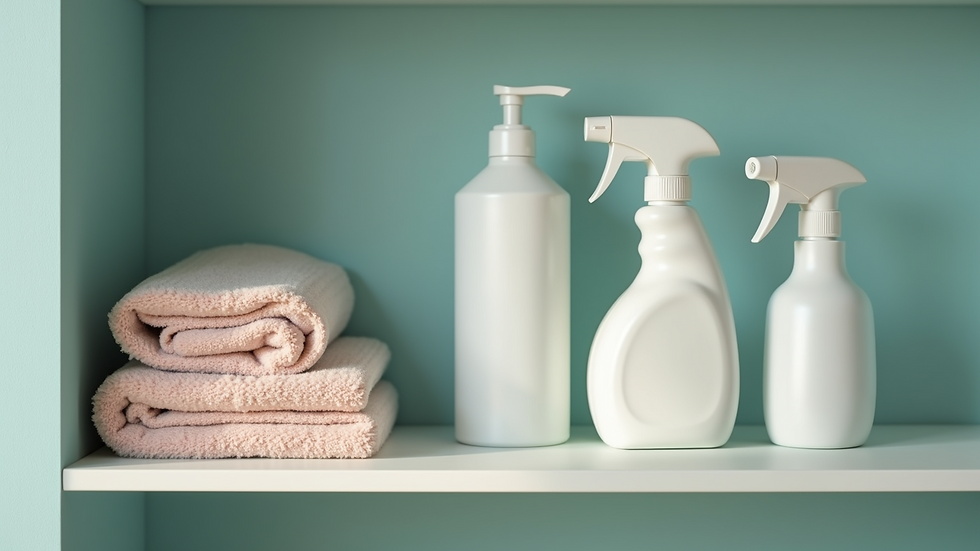 Close-up view of cleaning supplies arranged neatly on a shelf