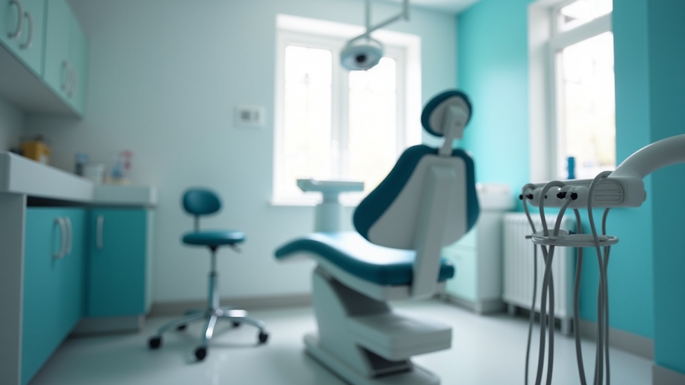 Eye-level view of a dental clinic treatment room with clean dental chair and equipment