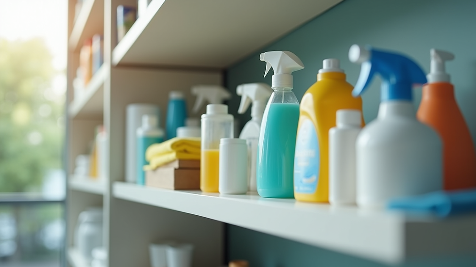 Close-up view of cleaning supplies arranged neatly on a shelf