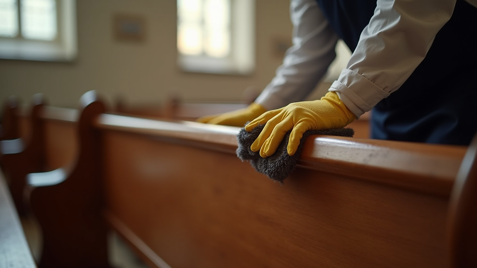 Close-up view of a cleaner polishing a wooden church pew